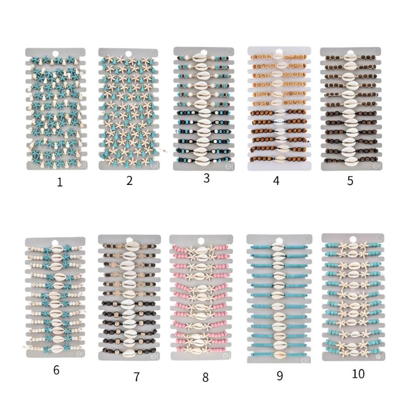 12pcs/lot Bohemian Shell Charm Braided Bracelet For Women Child Wood Bead Adjustable Rope Chain Anklet Jewelry