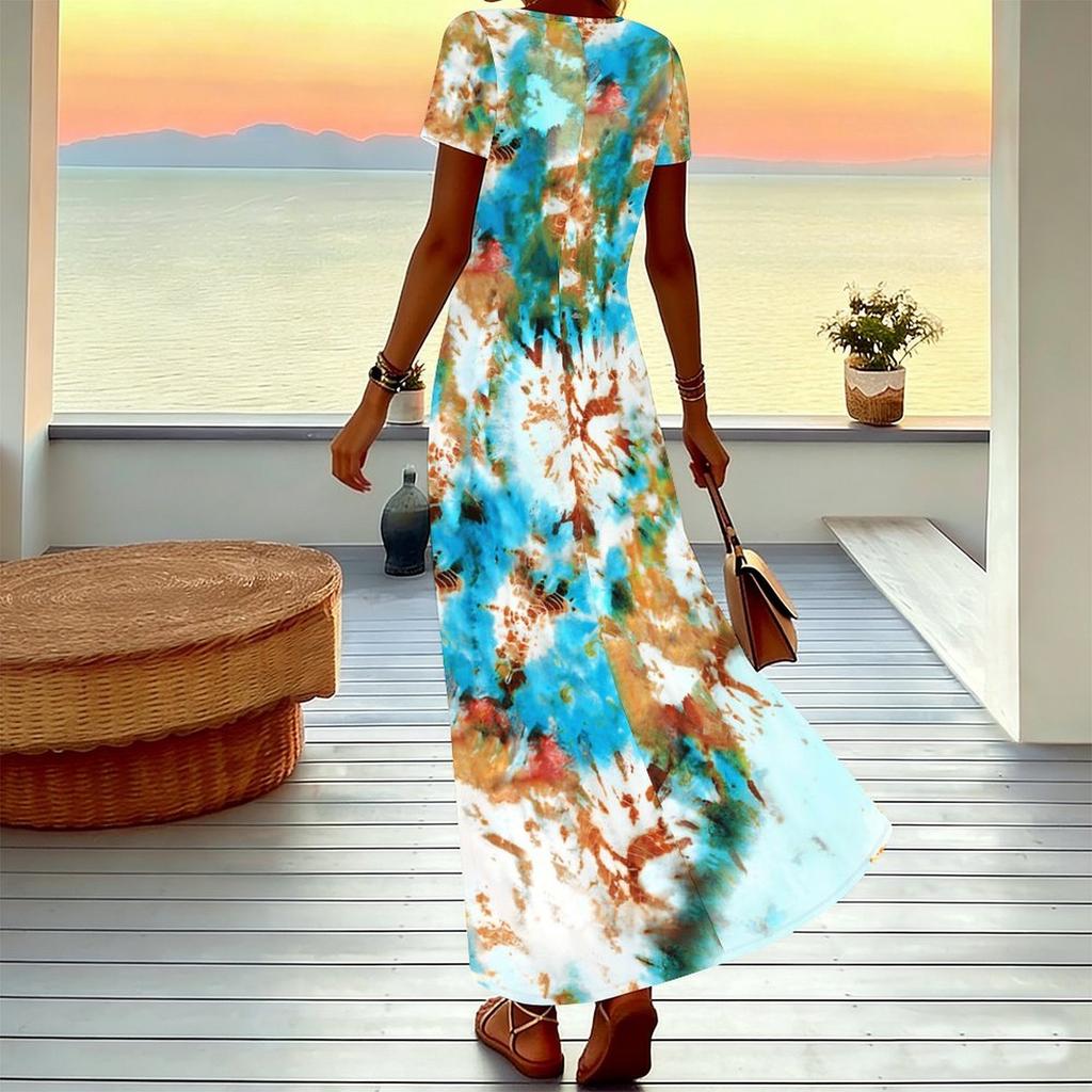 Women Plus Size V Neck Short Sleeve Maxi Dress Spiral Tie Dye Print Loose Summer Holiday Long Dress