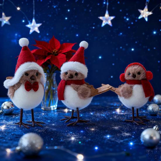 Cute Fluffy Plush Foam Bird Christmas Tree Ornament Simulated Bird Figurine with Red Hat And Scarf for Christmas Tree Mantel Desk Decoration