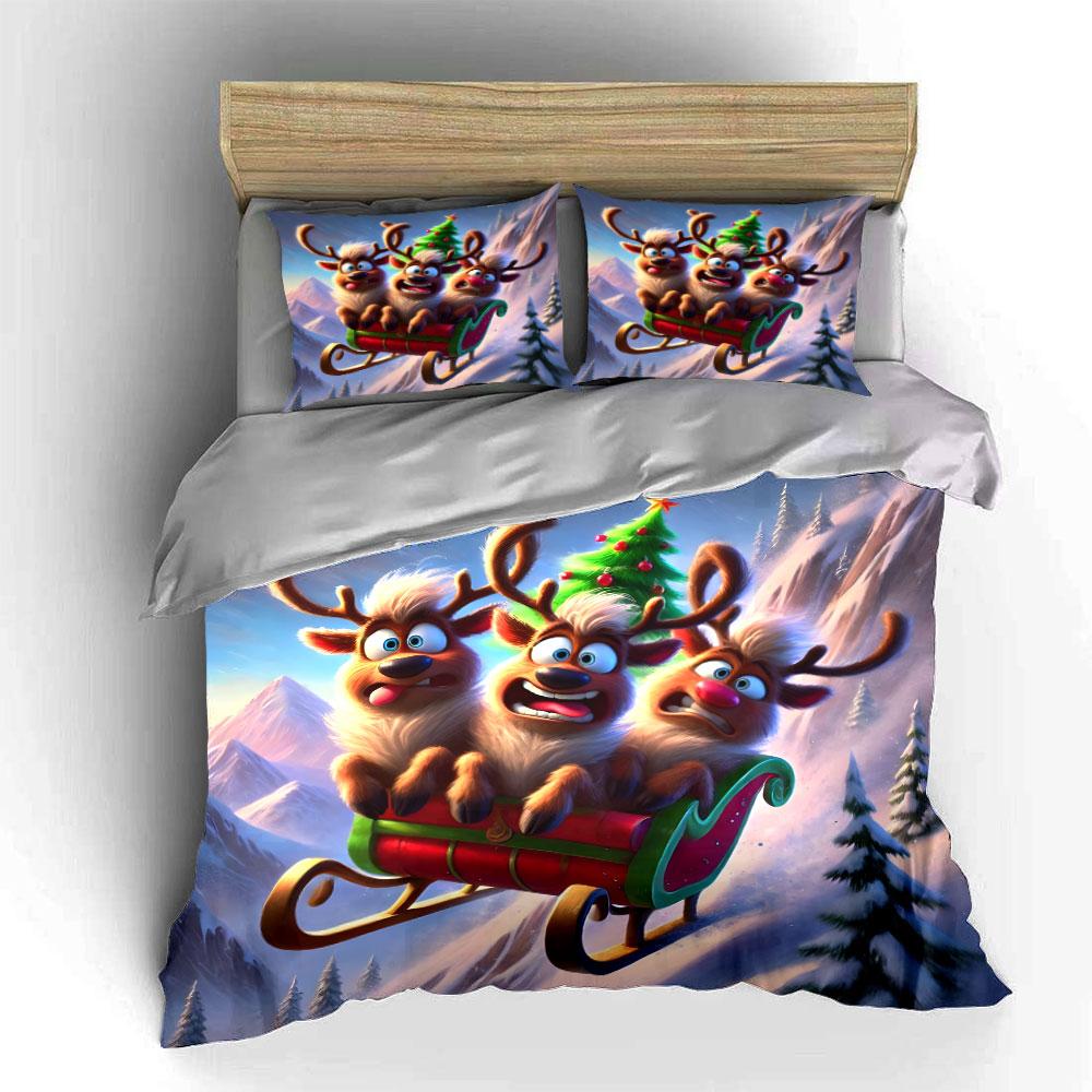 Three Reindeer Sledding Adventure Kid'S And Adults' Bedroom Decor, Exquisite Three-Piece Bedding Set Gift