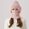 3 In 1 Women Knitted Scarf Hat Plush Ball Decor Windproof Warm Snow Cap Solid Color Fleece Lining Outdoor Activity Hat