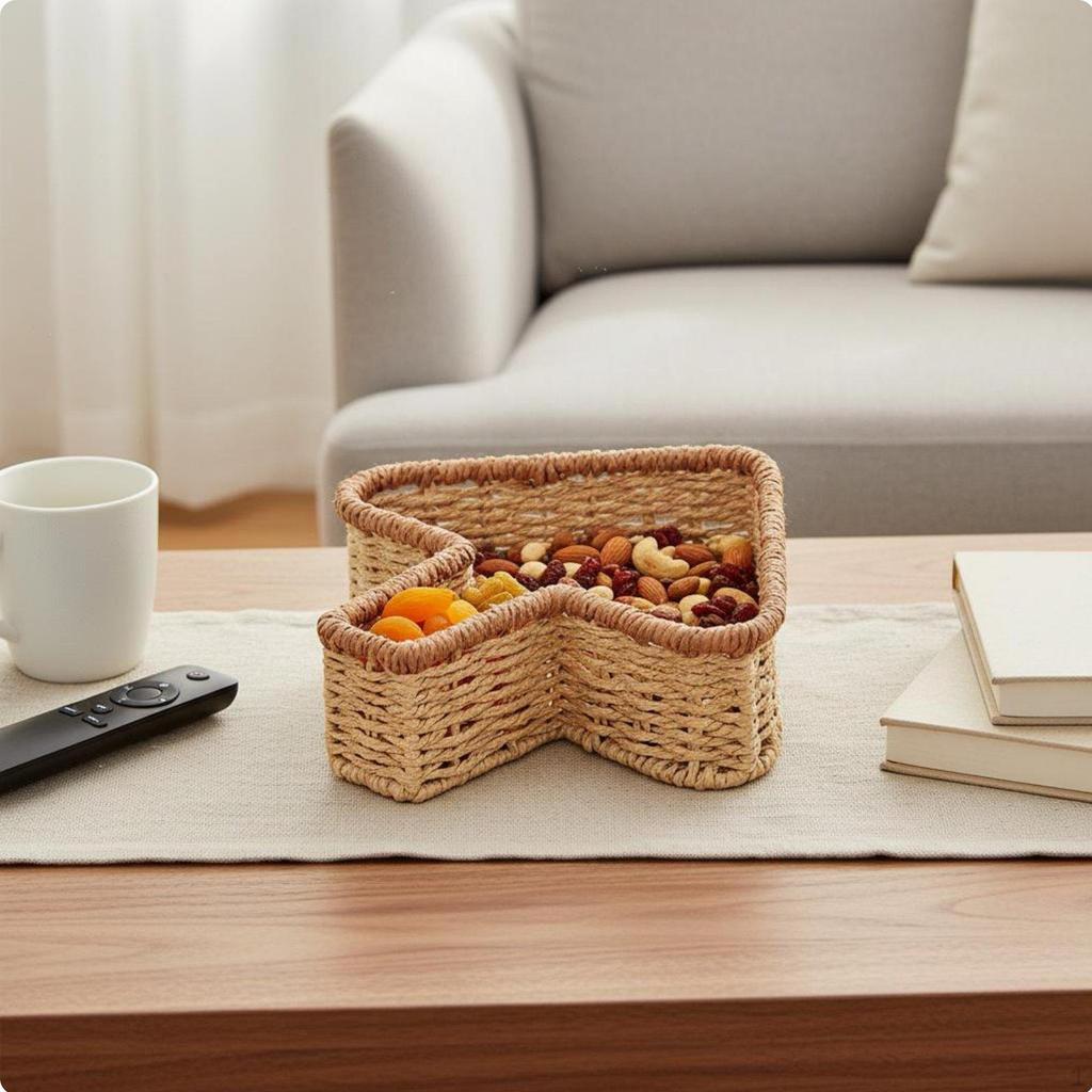 Woven Paper Rope Basket Rustic Design Rattan Organizer Tray Portable MultiCompartment Storage