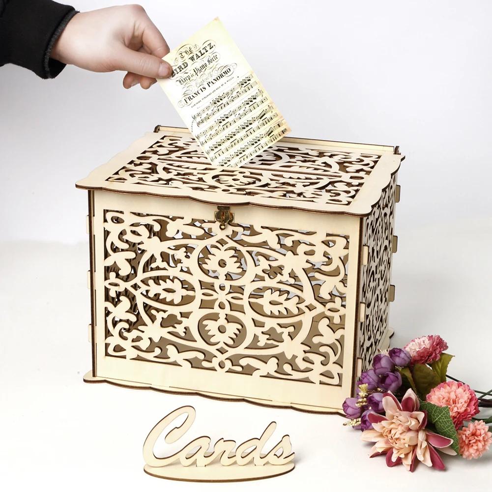 Wooden Wedding Card Box Wedding Decoration Supplies DIY Mr&Mrs Couple Flower Pattern Envelope Sign Cards Wood Box
