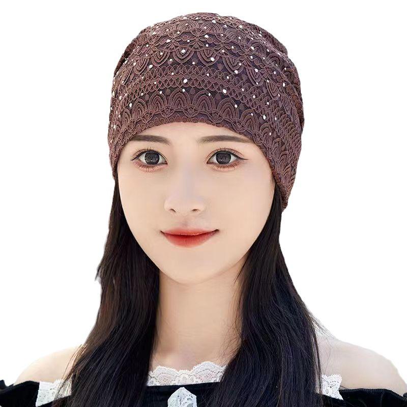 Women's Lace Rhinestone Headscarf: Breathable, Lightweight Spring/Summer Beanie for Hair Coverage