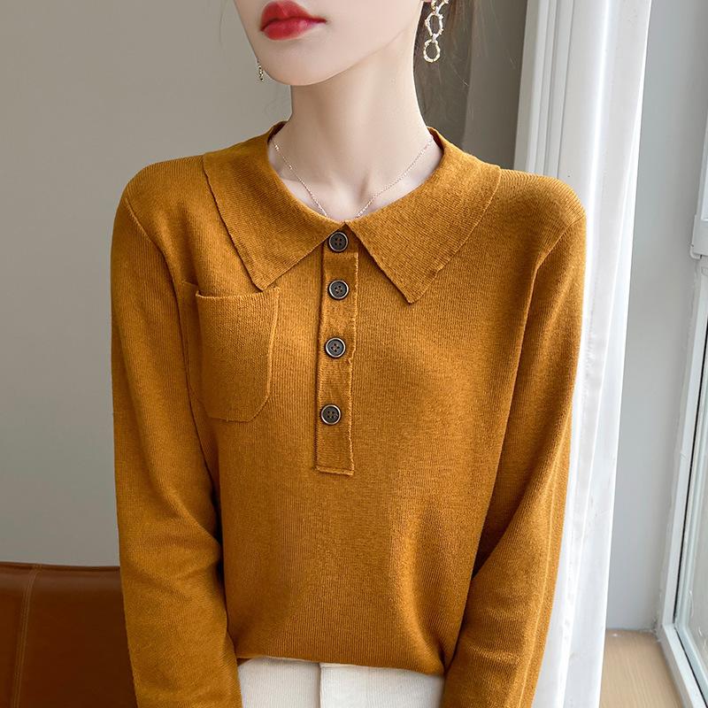 

Осенне-зимняя женская трикотажная рубашка с длинным рукавом и лацканами, свободный низ, свитер 2XL коричневый