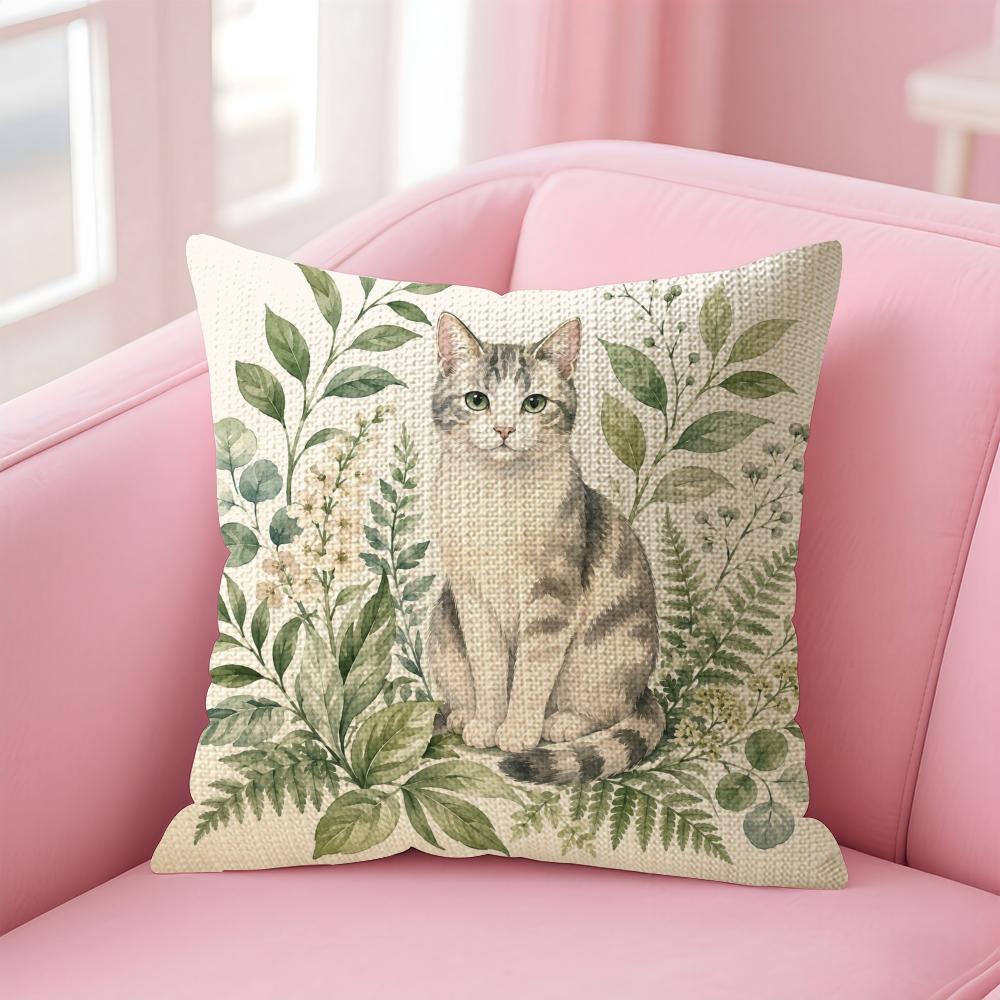 Tropical Jungle Flora Cat Cushion Cover Natural Linen Organic Fabric DoubleSided Printing Sofa Home Decor Gift Pillow Case