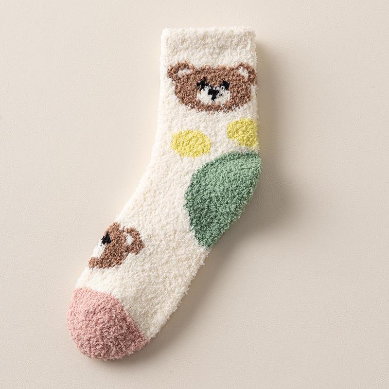Coral fleece autumn and winter socks women's fleece thickened cartoon bear medium tube socks warm and comfortable home sleeping floor socks