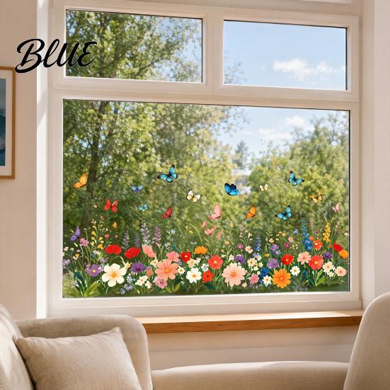 Beschädigungsfreier Glasaufkleber Bunte Blume Schmetterling Fensterfolie Wasserdicht PVC Statischer Aufkleber Abnehmbar Ohne Klebstoff für Haus Schlafzimmer Küche Dekoration