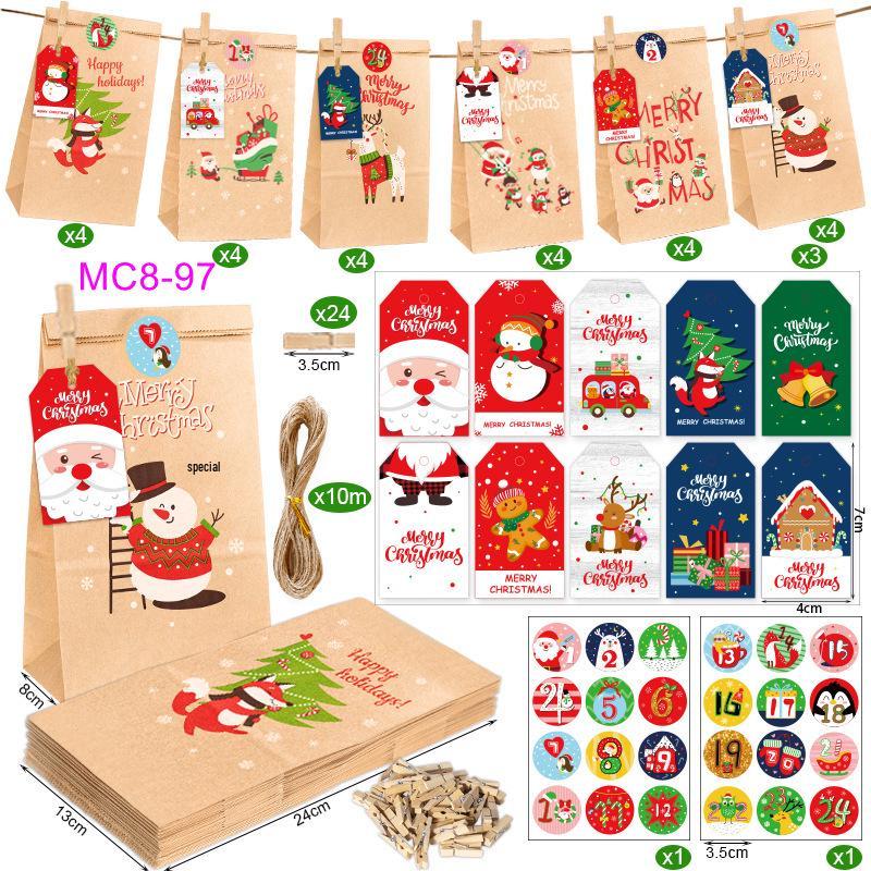 Christmas Advent Calendar Kraft Gift Bags Set - 24 Pieces