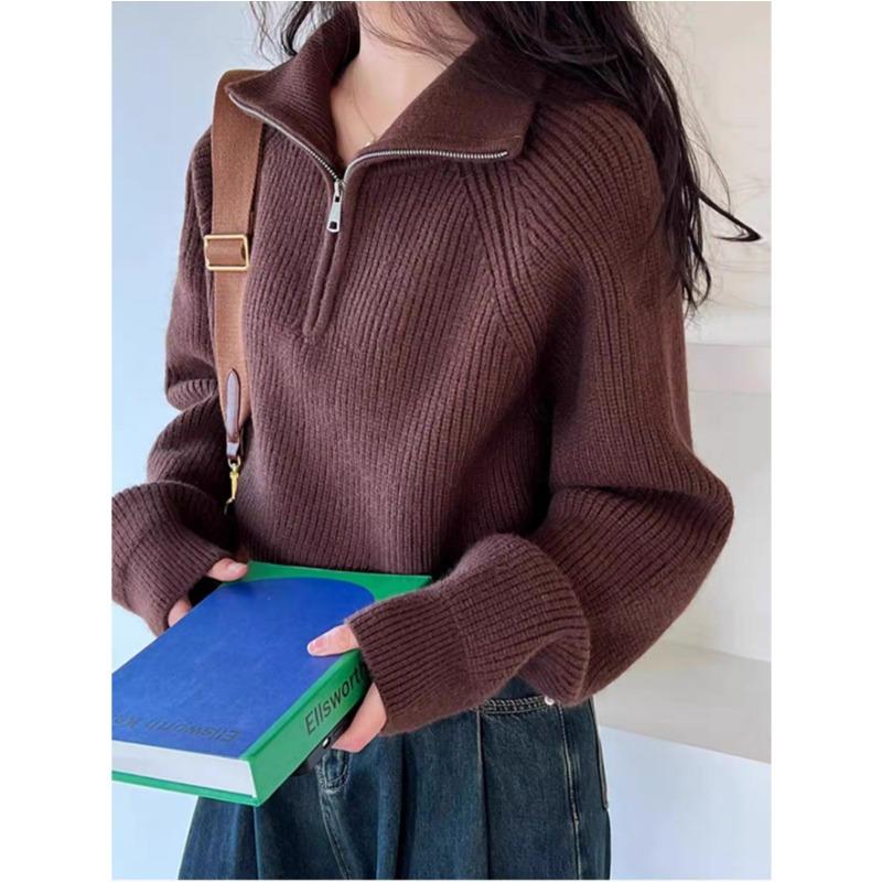 Fashion Autumn Winter Semi-turtleneck Zipper Women Knitted Sweater Long Sleeve Loose Short Tops New Solid Color Office Casual Simple Clothing