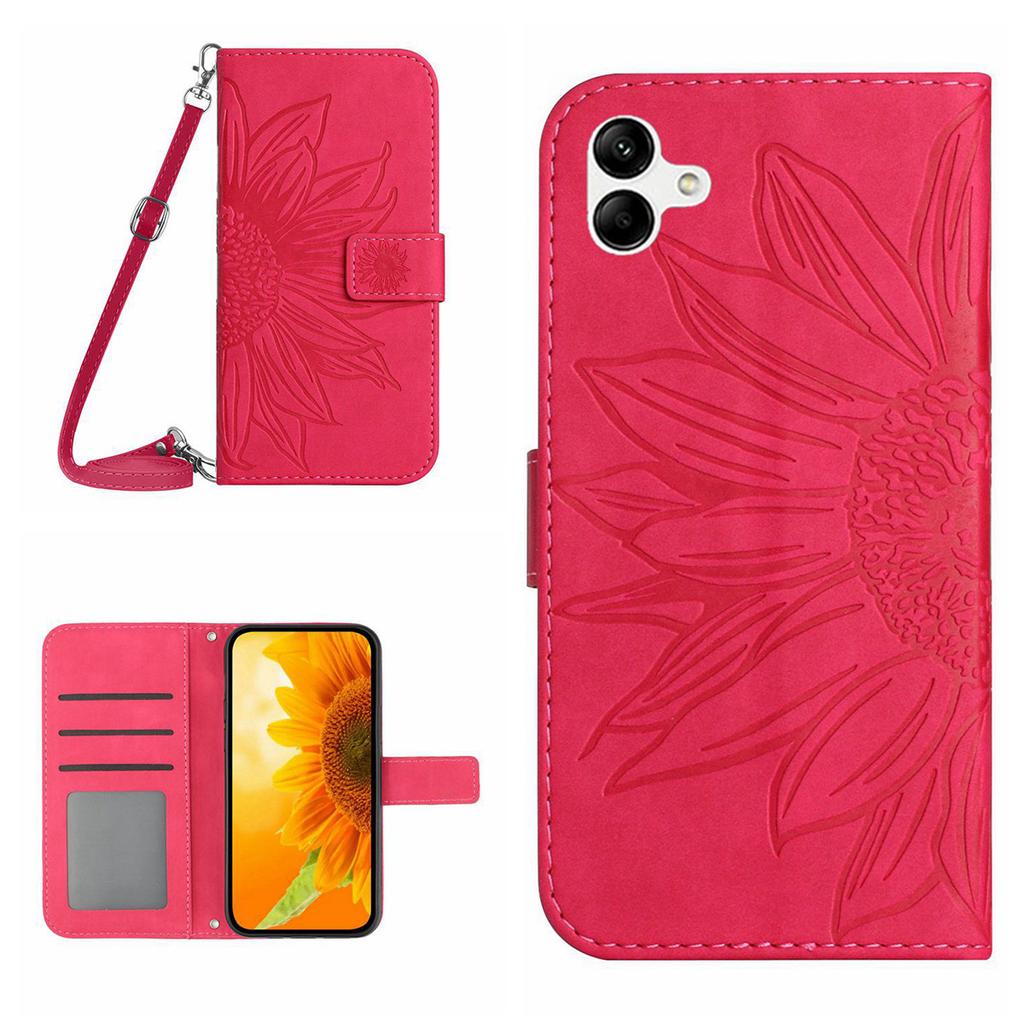 HT04 For Samsung Galaxy A06 4G Case PU Leather Sunflower Imprint Phone Cover with Long Strap