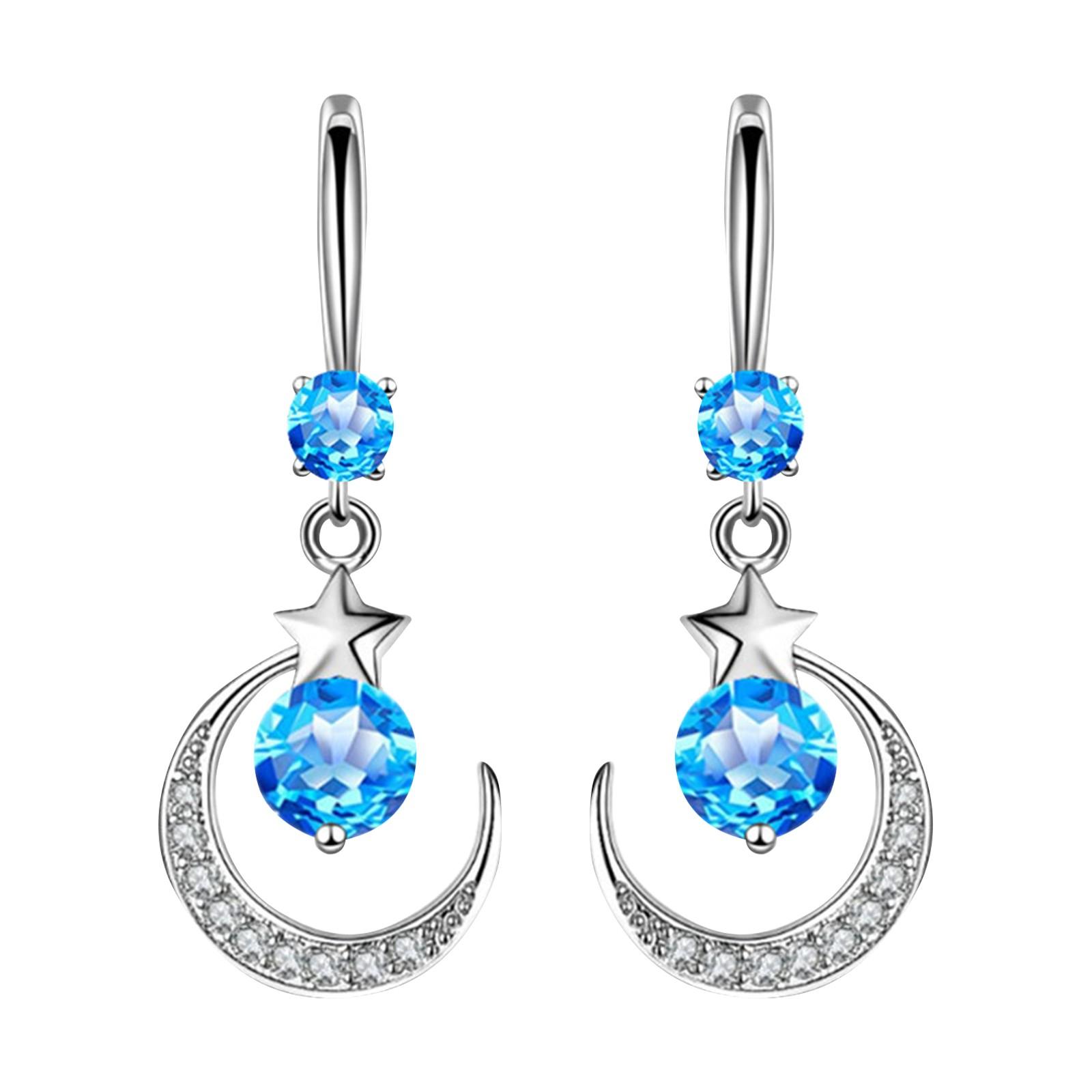 Sterling Silver Moon Star Drop Earrings with Cubic Zirconia Dangle Design for Women and Girls Lightweight Jewelry Accessory синий
