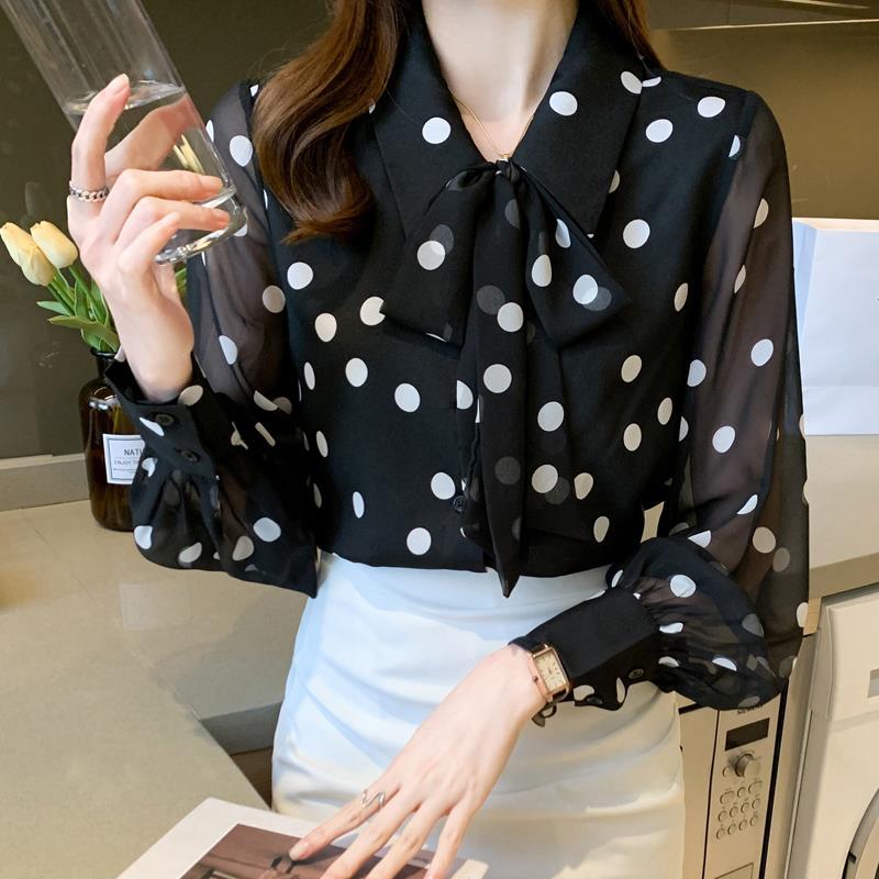 Spring Autumn Elegant Fashion Polka Dot Printing Shirt Ladies Long Sleeve Temperament Bow Blouse Women Casual Blouse