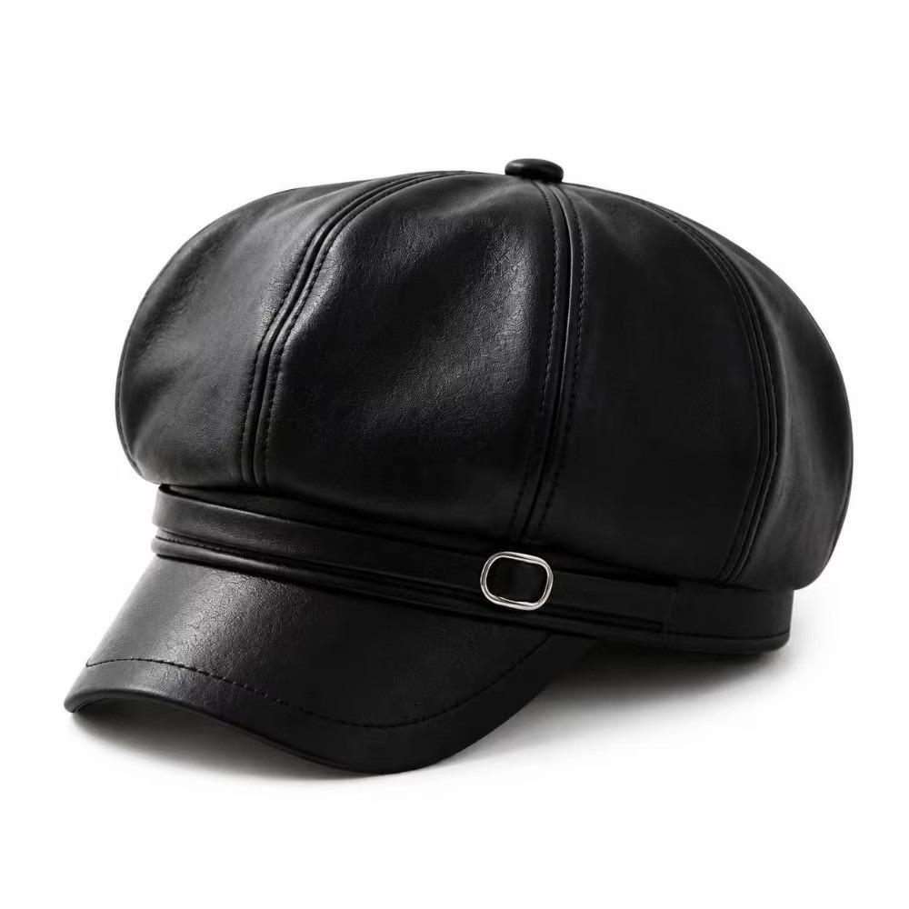 Solid Color Leather Painter Hat Versatile Octagonal hat Casual PU Beret Cap  Autumn Winter