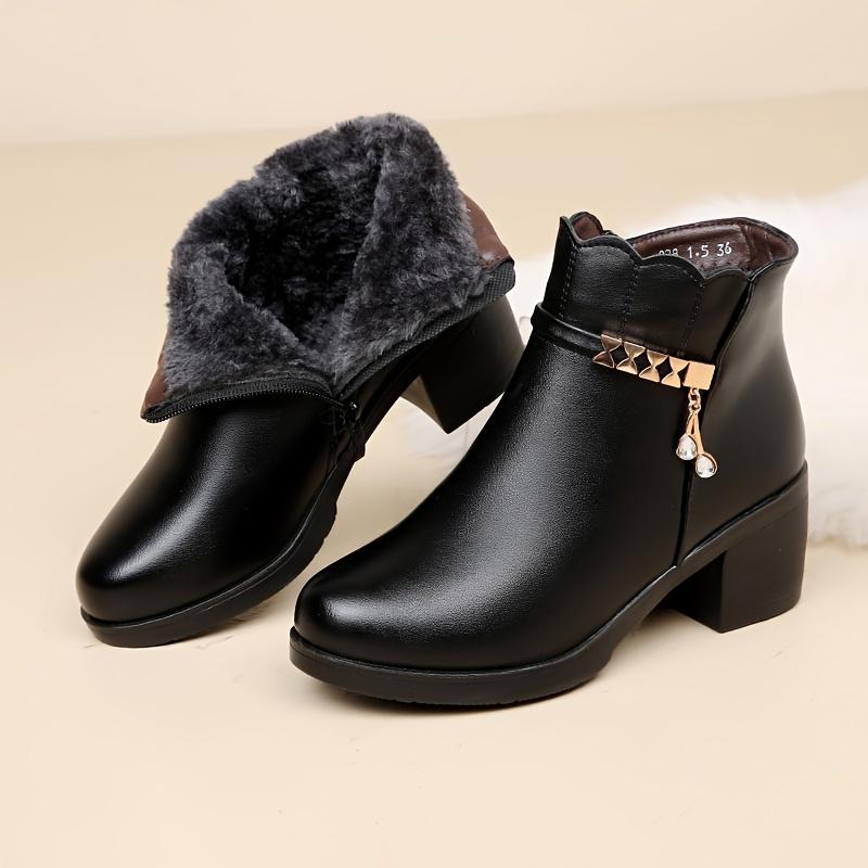 Baumwollschuhe mit dickem Absatz, Winterfleece, Winterschuhe für Mittelalte und Ältere, Damenschuhe für Mittelalte, Warme Stiefel, Winter-Lederstiefel mit rutschfester Sohle