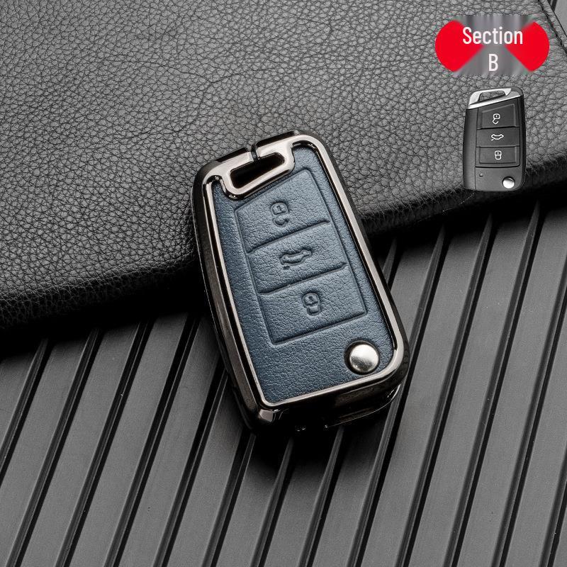 Volkswagen/Skoda Double-Sided Leather Zinc Alloy Car Key Case - Non-Signal Blocking, Full-Wrap Design