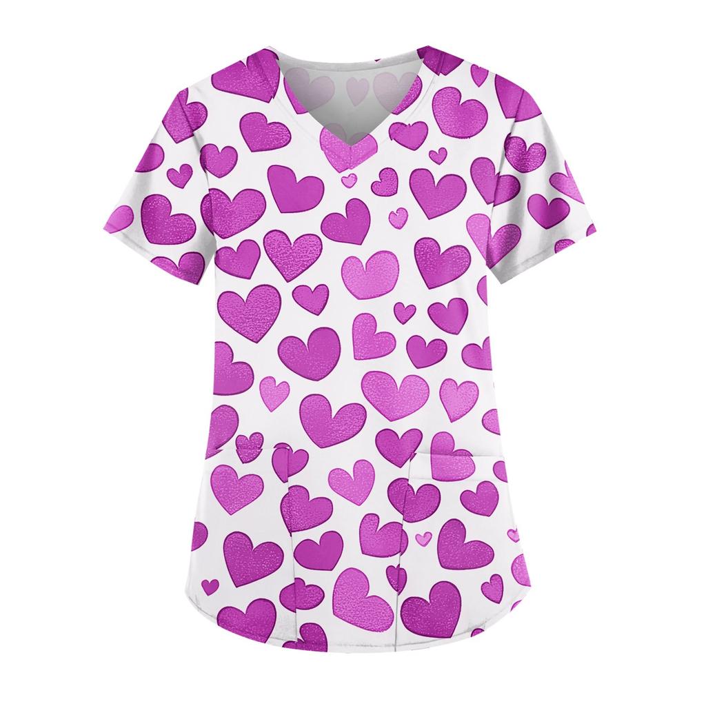 Women's Cute Printed Work Clothes V-neck Double Layer Pockets Basic Short Sleeve Top Pullover Christmas