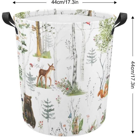 Woodland Animals Laundry Basket,Collapsible Clothes Hamper Waterproof Forest Fox Bear Deer Storage Basket with Handle Kids Room Jungle Deer Laundry
