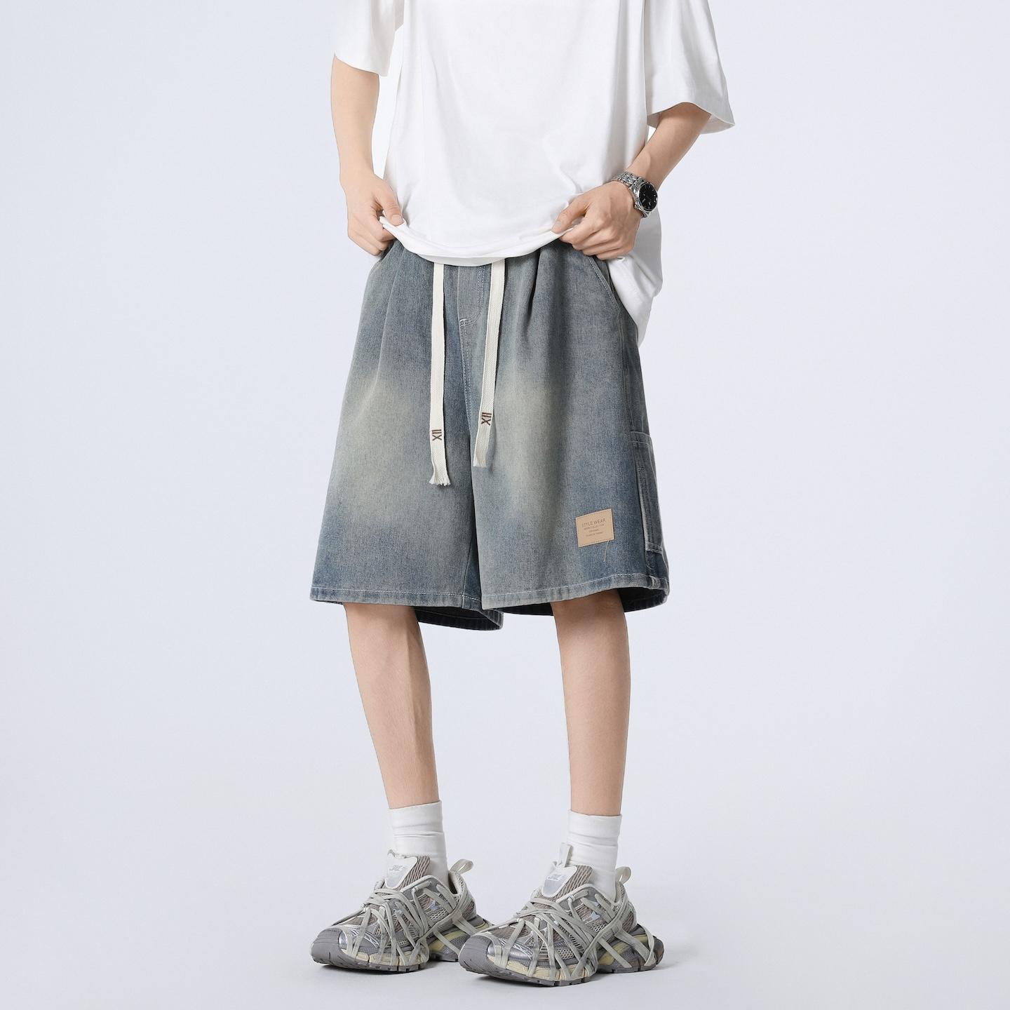 Denim Shorts Men s Large Size Drawstring Elastic Waist Trousers Over The Knee Trousers 2XL светло-синий