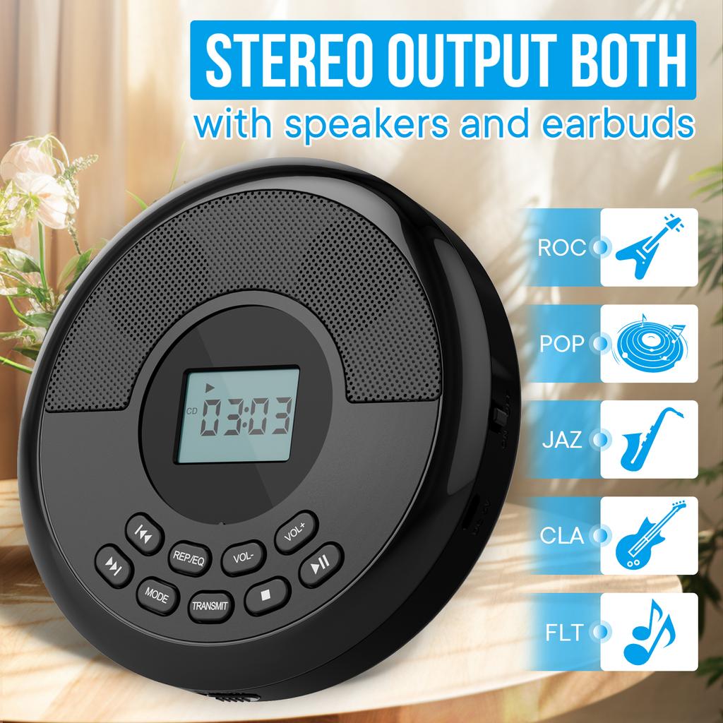 Tragbarer CD-Walkman, Bluetooth-Sender-CD-Player mit eingebauten Lautsprechern, unterstützt Kopfhörer, wiederaufladbarer Discman mit USB-Wiedergabefunktion
