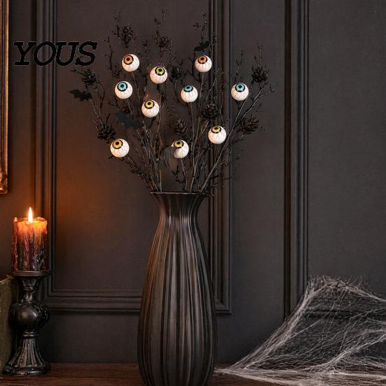 Halloween Spooky Decor Black Artificial Branches, Scary Eyeballs Picks with Bats Pine Waterproof Cones for Gothic Vase Filler, Floral