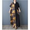 Women's Yellow Flower Spliced Black Long Dress Retro Robe