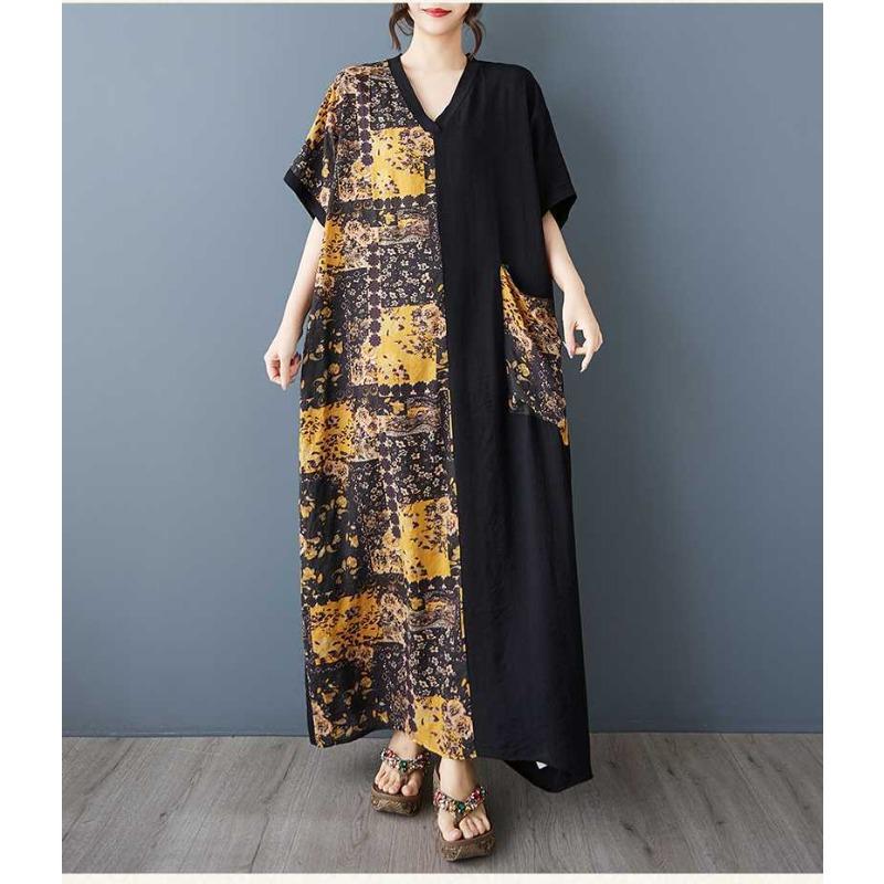 Women's Yellow Flower Spliced Black Long Dress Retro Robe