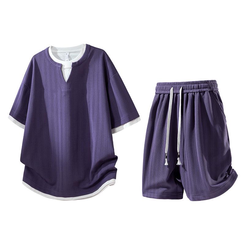 Trendy 2026 Men's Jacquard Sportswear Set: Faux Two-Piece T-Shirt & Shorts