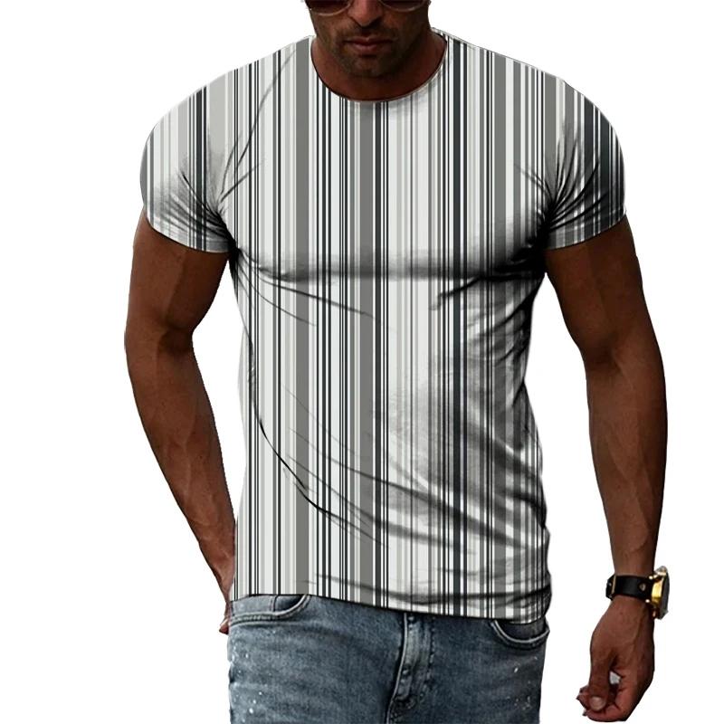 Fashionable New Vertical Stripe Pattern Men's T-shirt Casual Personality Cool Printed Short Sleeved Minimalist O-neck Top