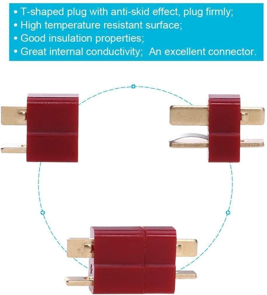 Set of 10 T-Plug Deans-Style Connectors Male & Female | Includes 20 Heat Shrink Tubes | For RC Cars, Boats, Helicopters, 7.4V LiPo Batteries | Red
