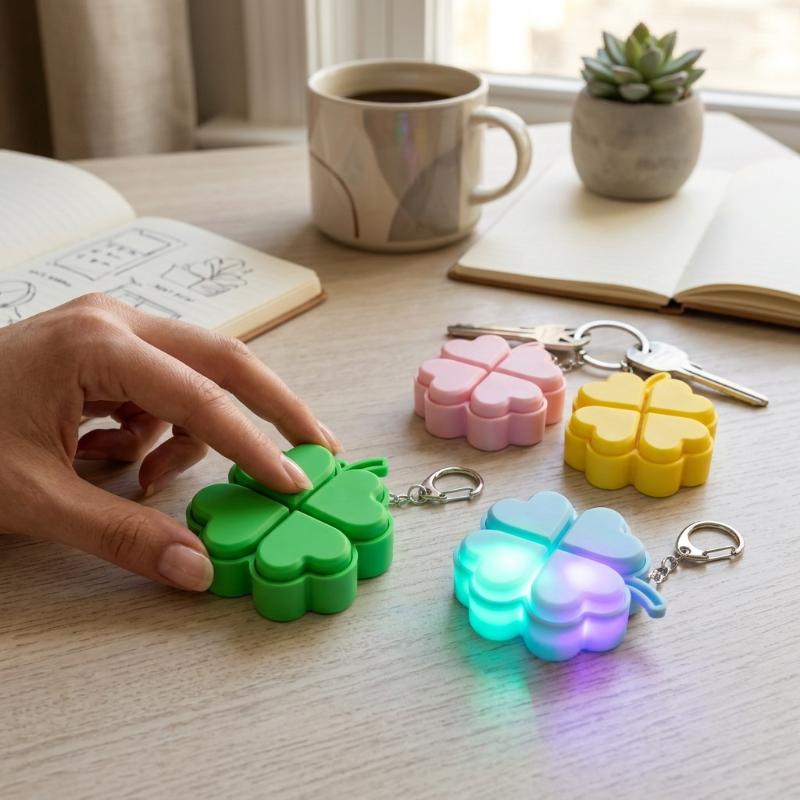 Vierblättriger Klee LED Schlüsselanhänger Spielzeug mit Stressabbau Klickknopf Funktion für ruhige Momente