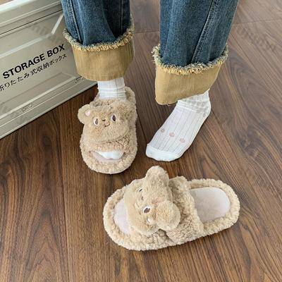 Niedliche Cartoon Bär Flauschige Hausschuhe für Damen Herbst Winter Neue Schuhe Mädchen Atmungsaktiv Dicke Baumwolle Zuhause Boden Flip-Flops