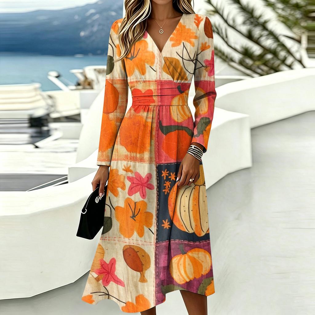Women's Casual Halloween Print Long Sleeve V-Neck Dress with Pockets