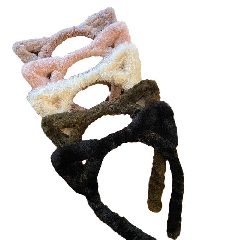 Cute Wide-Brimmed Plush Cat Ear Headband for Face Washing & Teeth Brushing - Includes Hair Tie & Clip