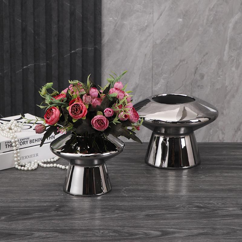 Silver Mushroom Ceramic Vase Geometric High-legged Flower Pot Flower Vase Terrarium Flowerpot Home Decoration Accessories