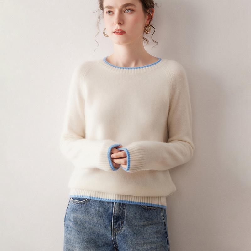 

Women s 2025 Autumn/Winter Colorblock Crew Neck 100% Pure Cashmere Raglan Sleeve Thick Knit Sweater M