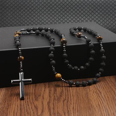 Natural Lava Stone Tiger Eye Beads Long Necklace with Hematite Cross Pendant Mens Rosary Jewelry
