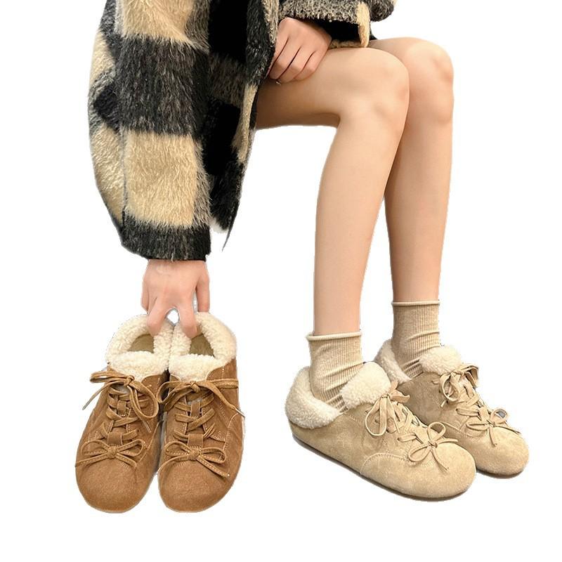 Fleece Cotton Shoes Women's Winter 2025 New Maillard Lace-up Bow Fleece Warm Casual Height-increasing Fleece Cotton Shoes