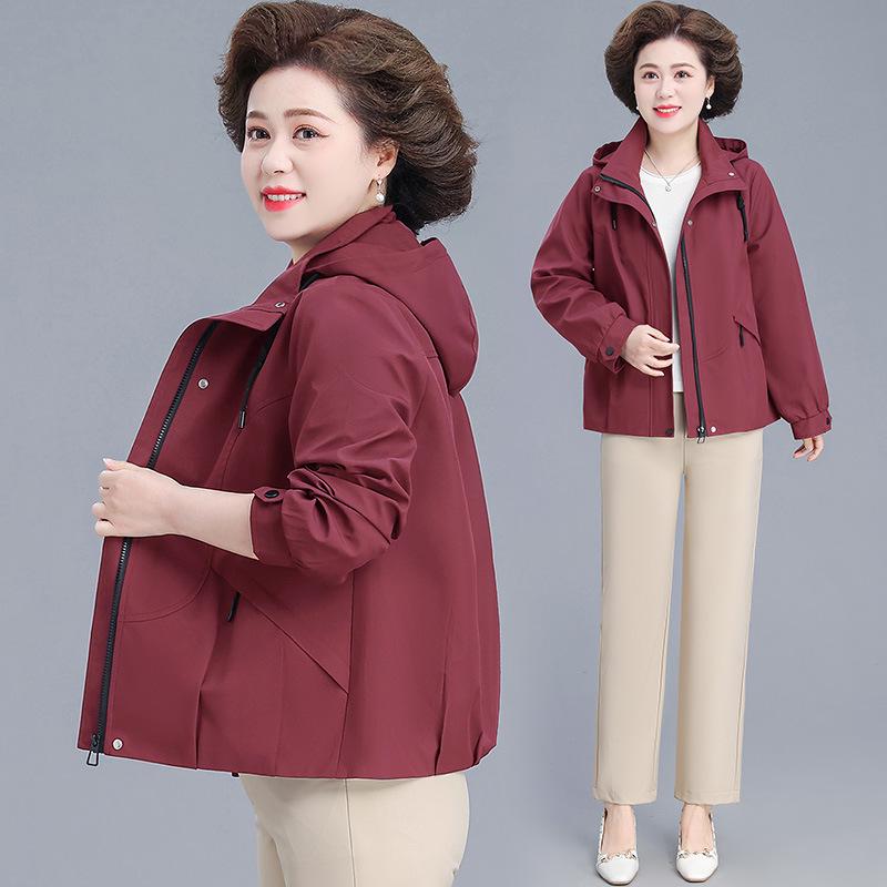

Mom s Spring Hooded Jacket for Mature Women - Solid Color, Loose Fit 3XL for 120-135 lbs красный
