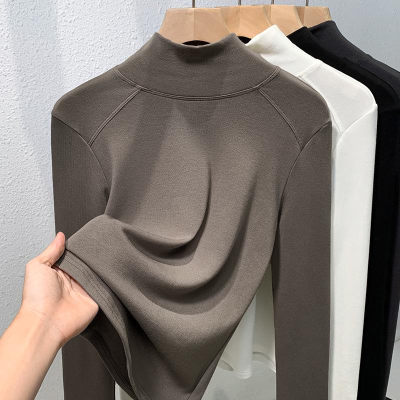 Semi-turtleneck White Bottoming Shirt for Women's 2025 Autumn and Winter New Fleece Thickened Abraded Inner Long-sleeved T Thermal Top