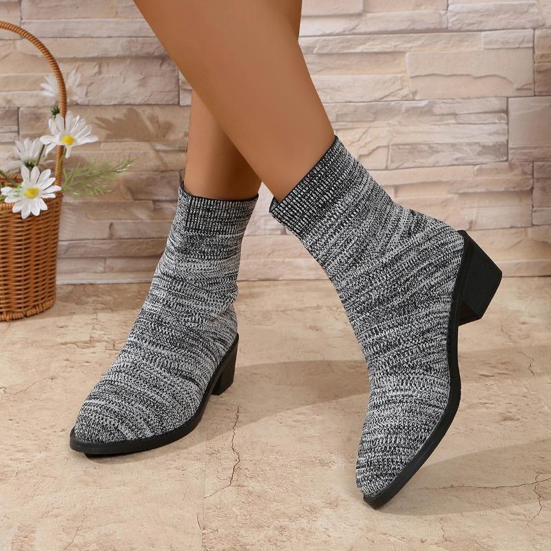 Sock Boots Autumn New Round Toe Knit Mesh Breathable Block Heel Anti-Slip Wear-Resistant Short-Thigh Boots