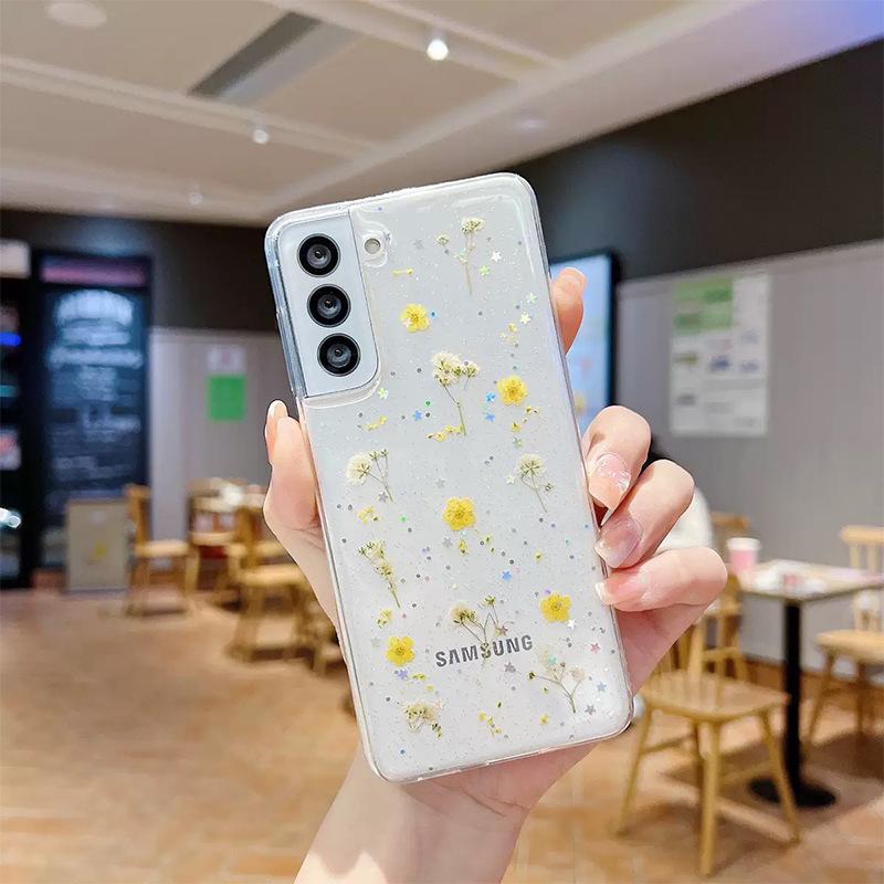 For Samsung S25ultra Flower Phone Case S24Plus Glitter Pink Sequin A16 Transparent A35 Real Flower Niche