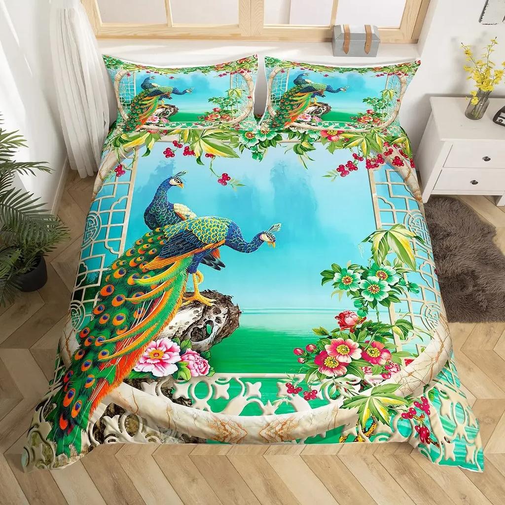 Peacock Comforter Cover Bohemian Duvet Cover Set Exotic Birds Animals Bedding Set Feather Floral Fresh Natural Bedspreads Cover