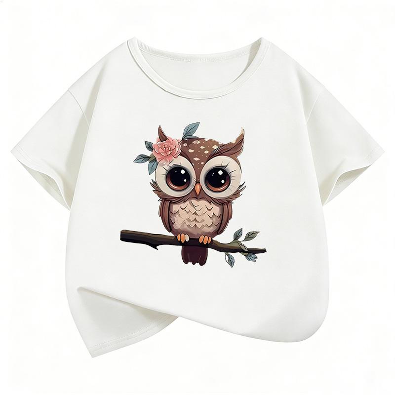 Jarní dětský a dospívající top s krátkým rukávem, potiskem kreslené sovy, pohodlný, ležérní