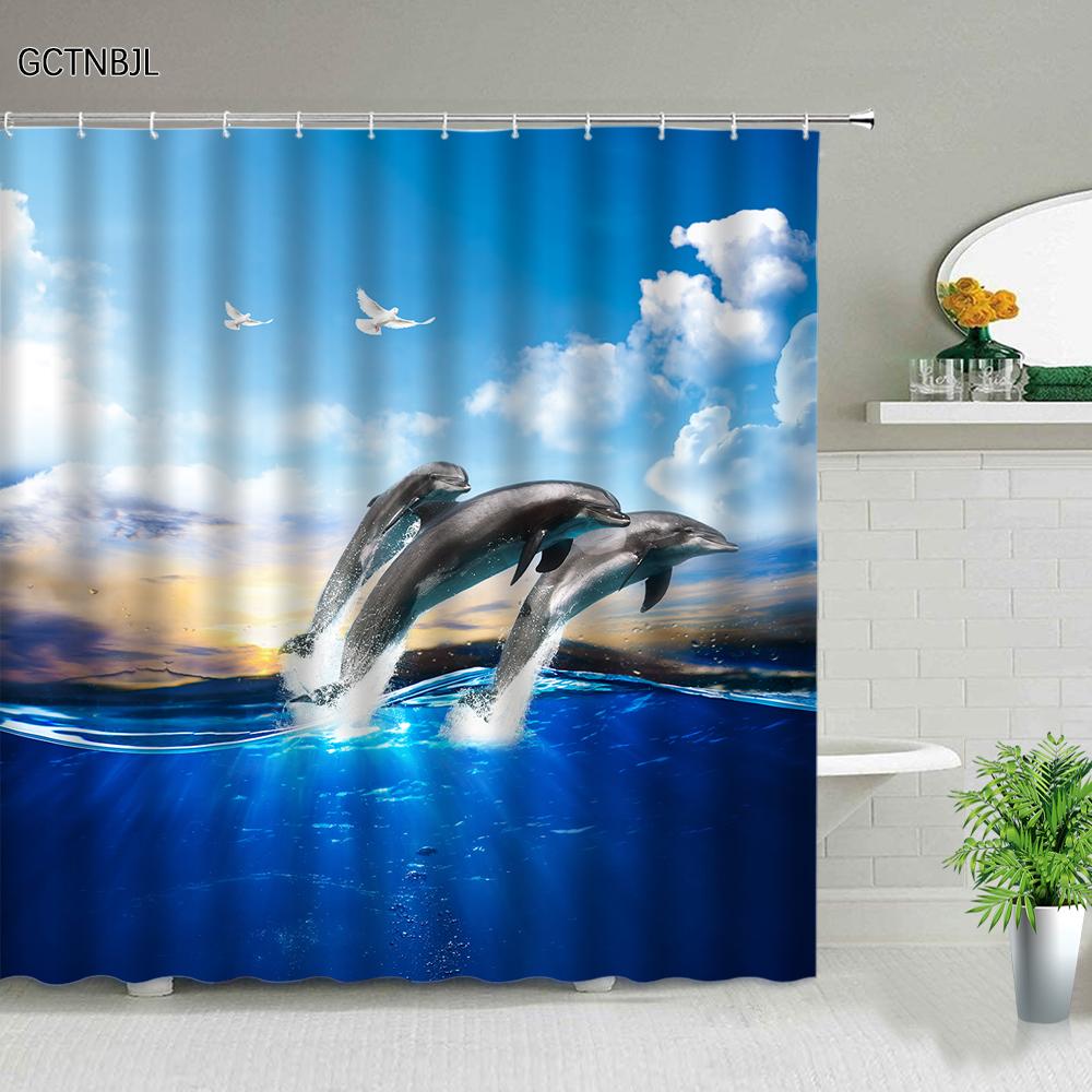 Funny Dolphin Shower Curtains Cute Ocean Animal Blue Seawater Sea Wave Scenery Bathroom Decor Cloth Hanging Curtain With Hooks