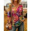 Women's Autumn Long-Sleeve T-Shirt V-Neck Loose Fit Patchwork Style with Irregular Geometric Print Trendy Street-Style Top