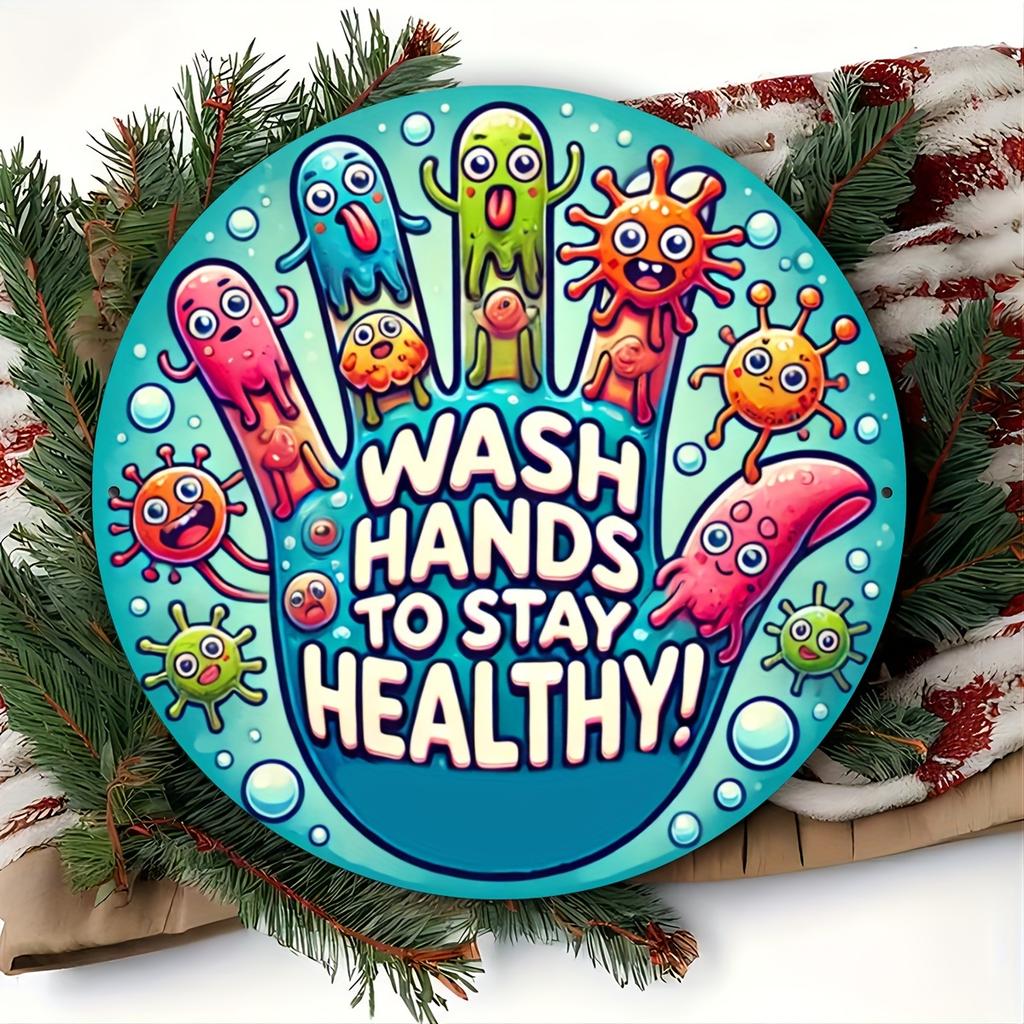 1pc, "Wash Hands To Stay Healthy" Round Sign, 7.8x7.8inch, Durable Seasonal Wall Art, Wooden Carved, for Home, Garden, Porch, Cafe, Farm Decor, Craft