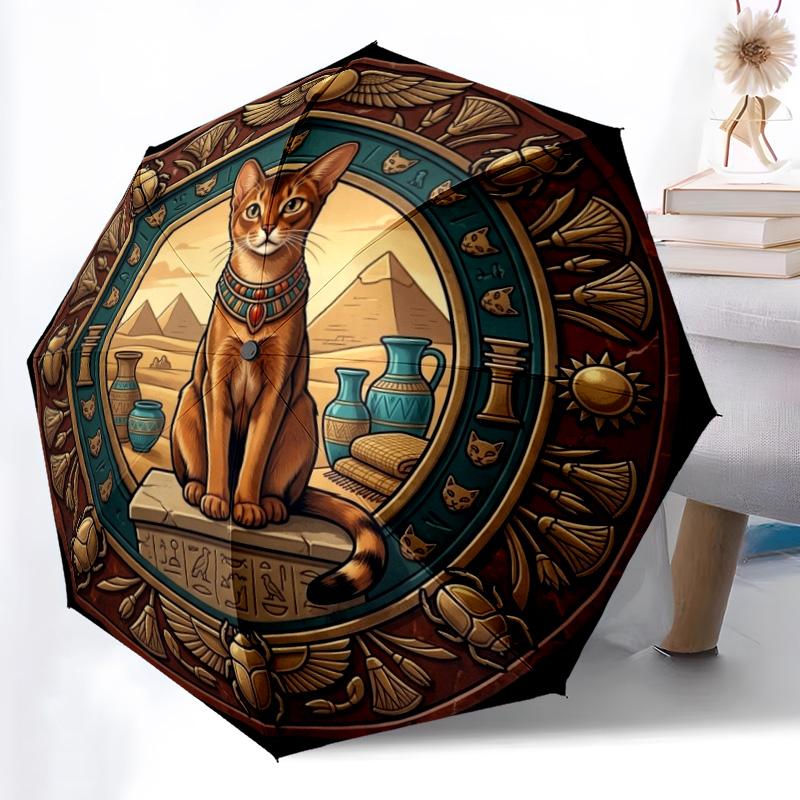 Egyptian Cat Art pattern umbrella, portable and foldable design, 8 ribs, a casual accessory for Halloween, Christmas, and birthday gifts.