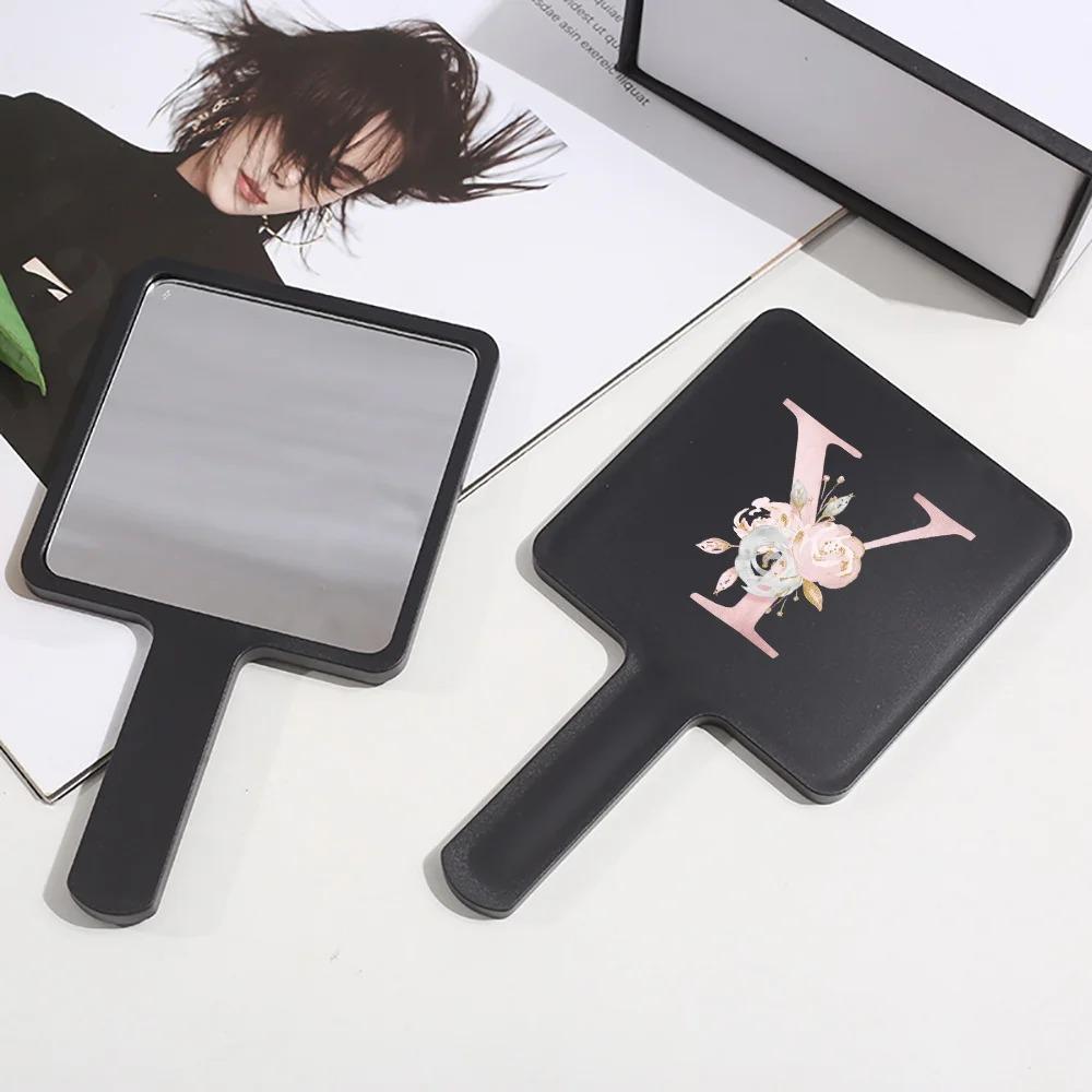 1pc Square Handheld Women Travel Makeup Mirror Chic Handle Dual-Use Desktop Personalized Gift Initial Name 26 Letters Pattern
