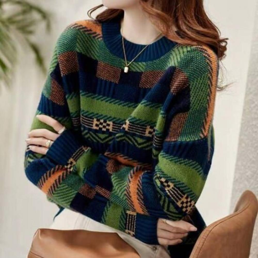 Navava Women Vintage Pattern Color Block Round Neck Knit Sweater Nk3370